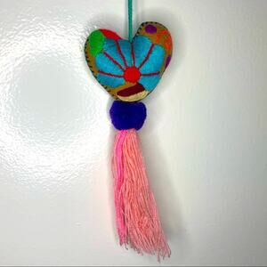 Embroidered Heart Tassel, Bag Charm Felt Pom Pom